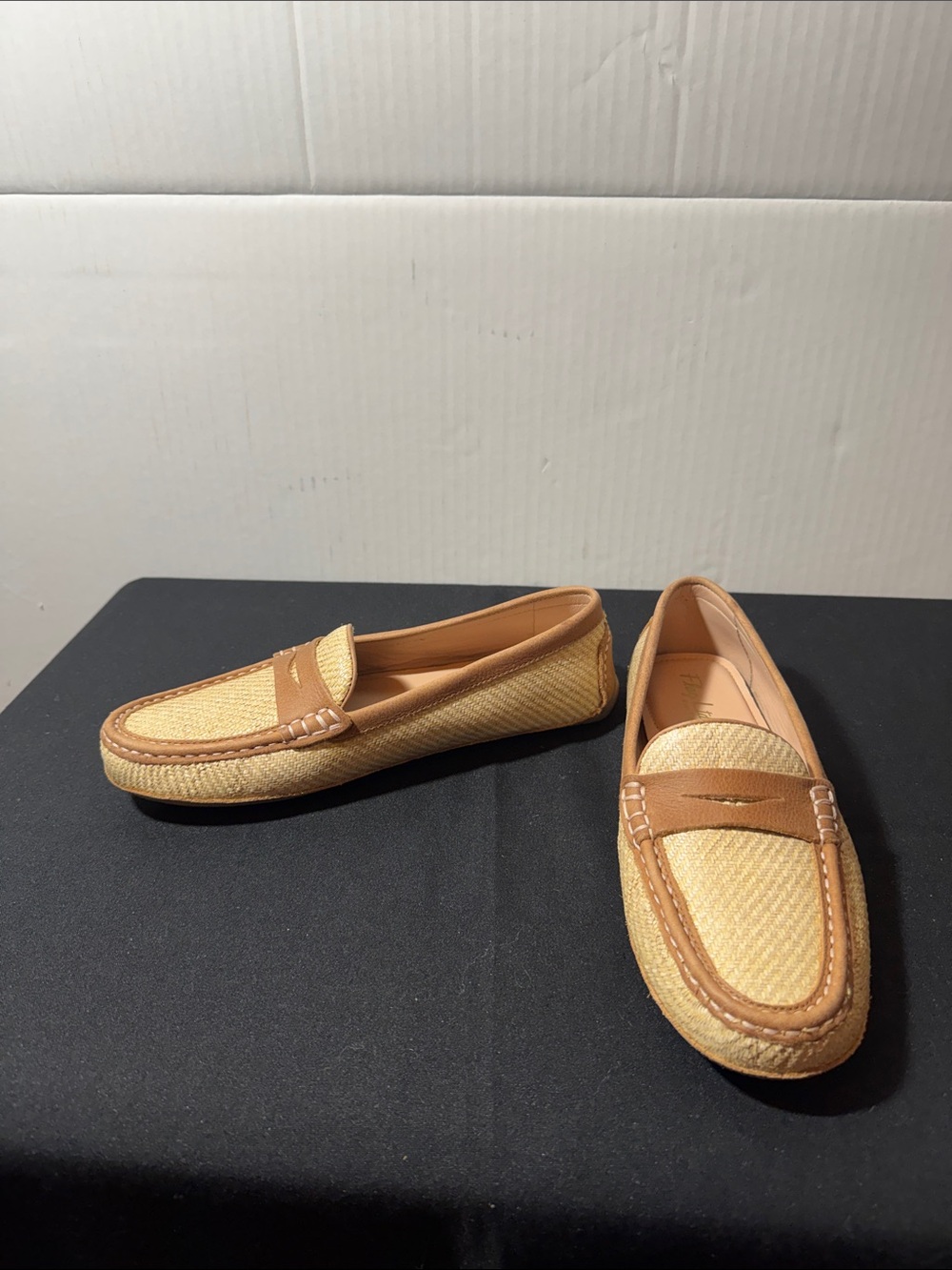 Women’s Tan Raffia Penny Loafers — Casual Slip-On Flats